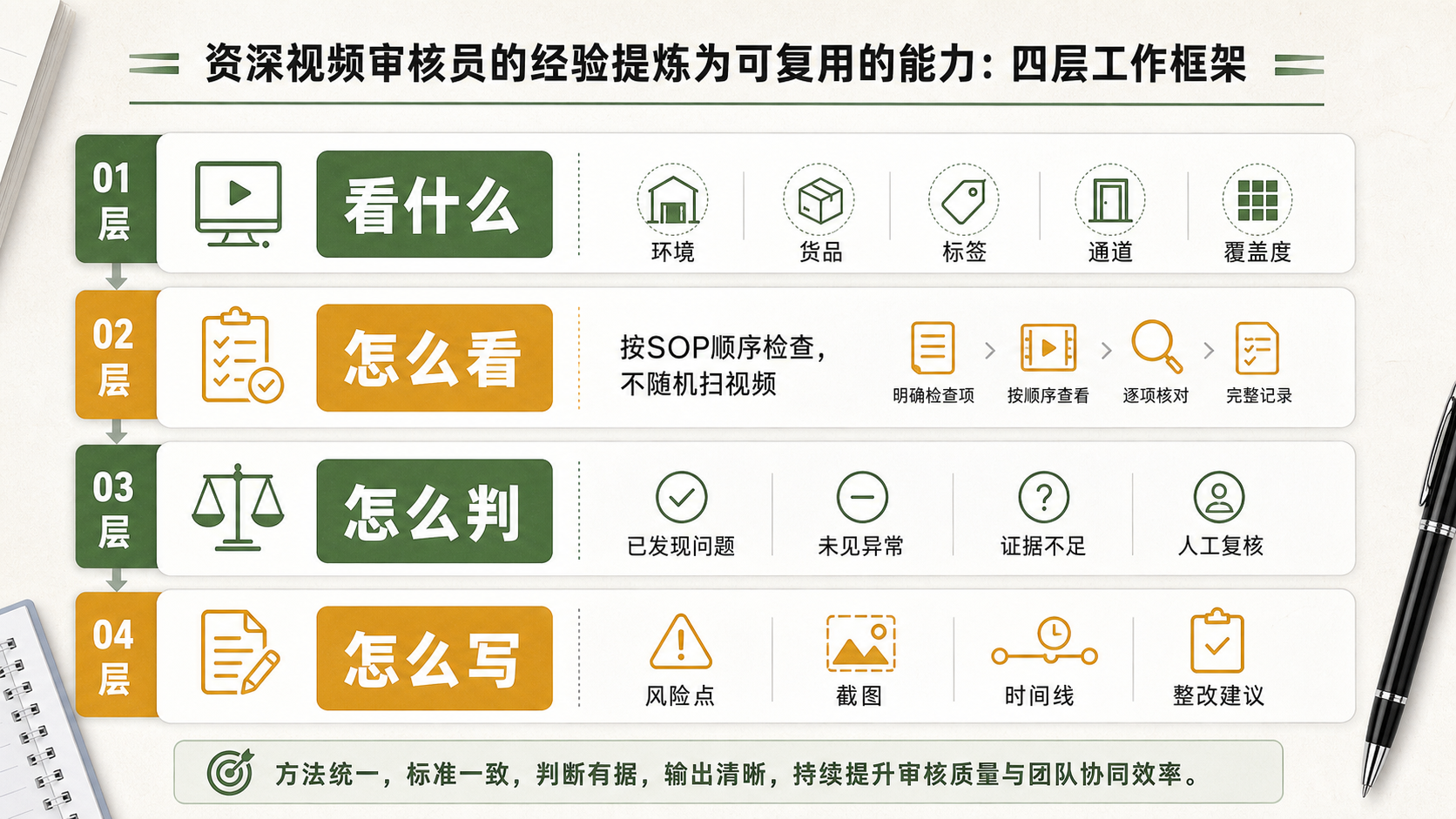 把审核员经验拆成四层工作框架