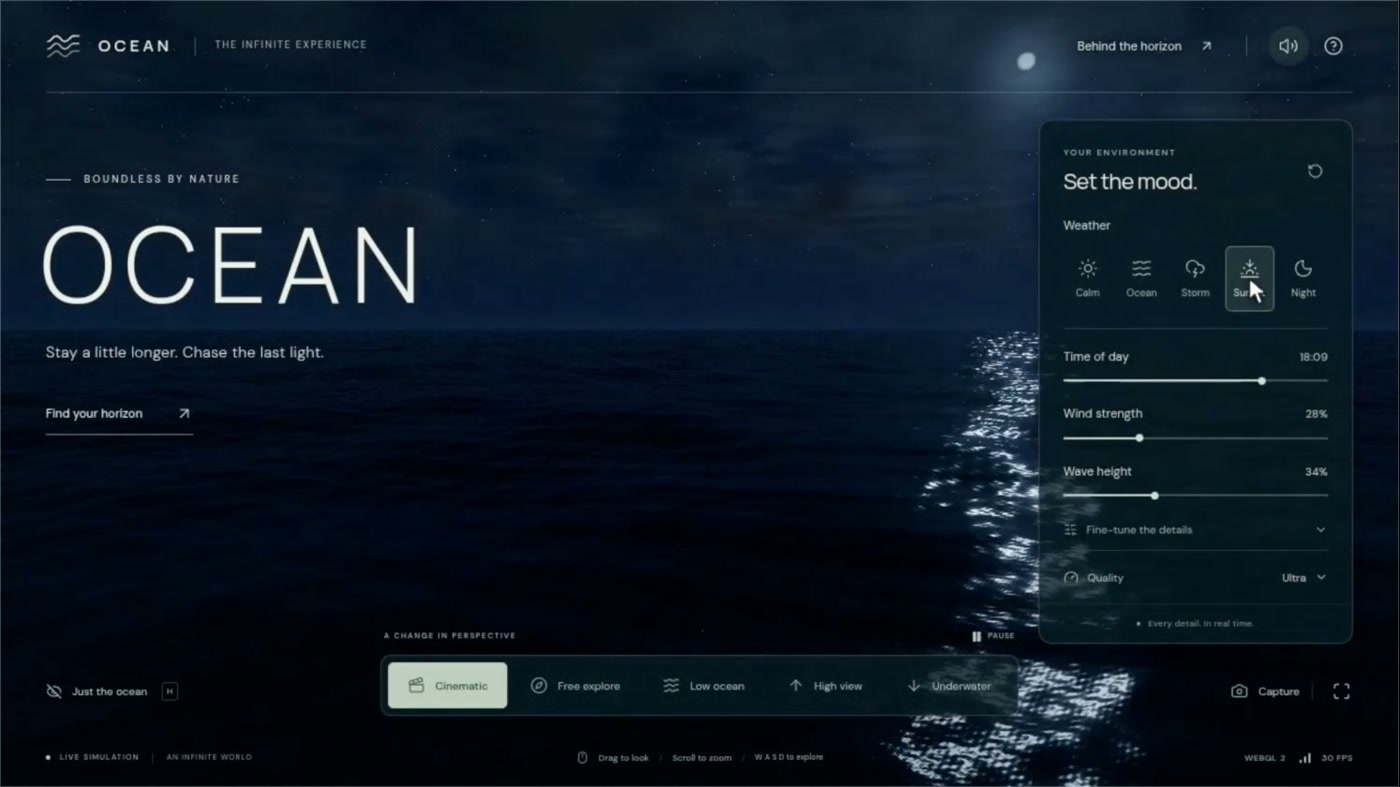 海洋模拟器日落后的夜色水面
